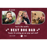 Father's Day gift print from Germotte featuring three photos of dad and his dog, with the dog presenting the gift to dad and a heartfelt message saying, 'Dear Dad, you're the world's best dog dad. Thanks for picking up our poop.' Customers can customize the background color, upload three photos, and change the writing color.