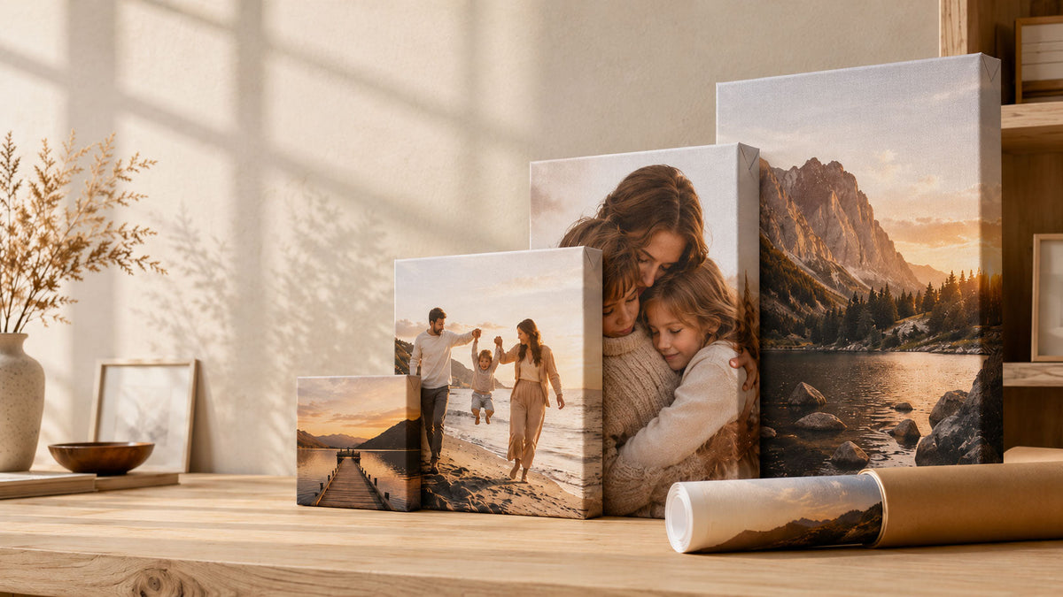 Custom canvas prints displayed in a warm studio setting, featuring family photos and scenic artwork on stretched canvas with Germotte-style wrapped corners