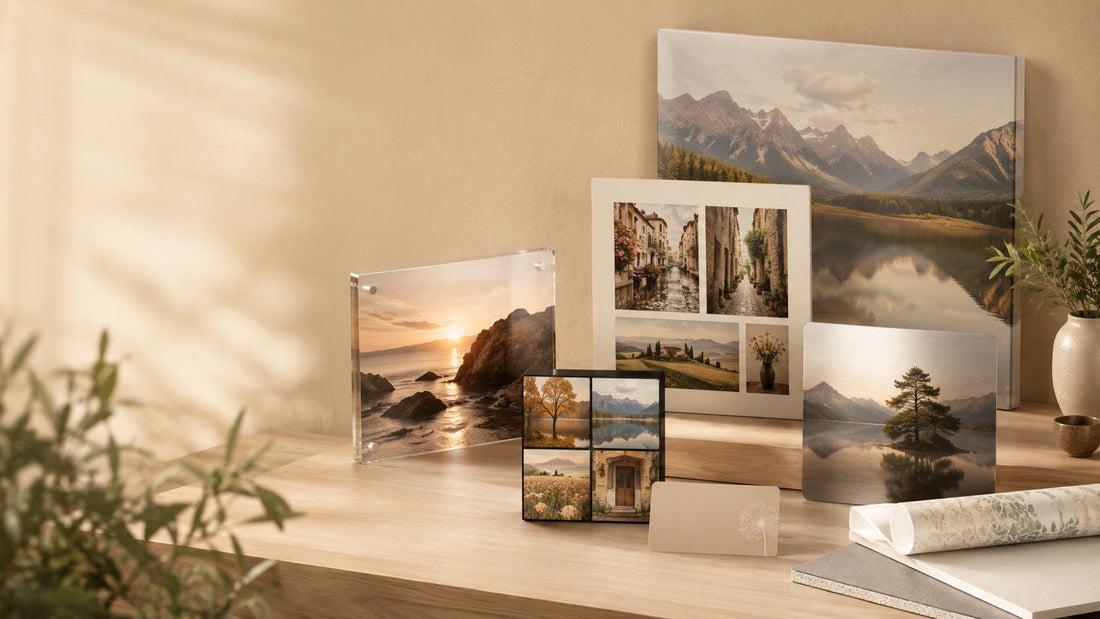 A curated collection of Germotte décor and print products, including acrylic prints, collage canvas prints, metal prints, gift cards, and wallpaper, displayed in a warm studio setting.