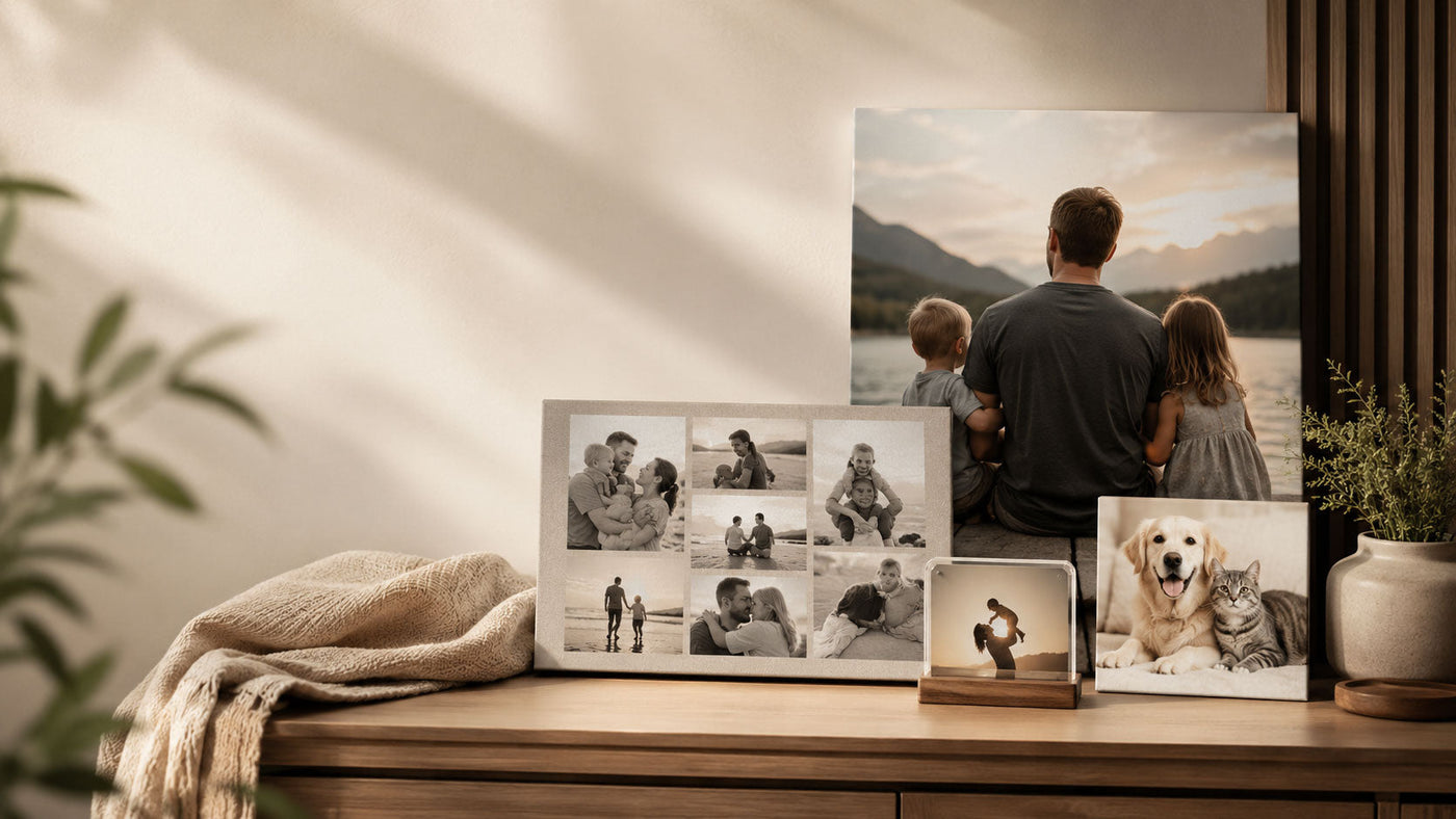 Father gift products displayed in a warm studio setting, including personalized canvas prints, family photo keepsakes, and custom gifts for dads.