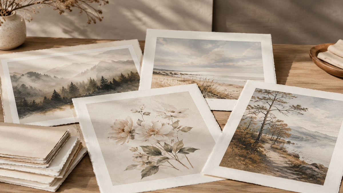 Four custom fine art prints displayed on a wooden surface, showcasing landscape and floral designs, surrounded by fabric.
