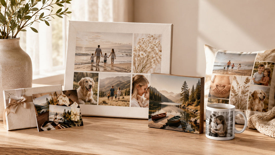 Personalized Germotte gift products displayed in a warm studio setting, including photo gifts, collage canvas prints, a gift card, and custom keepsakes.