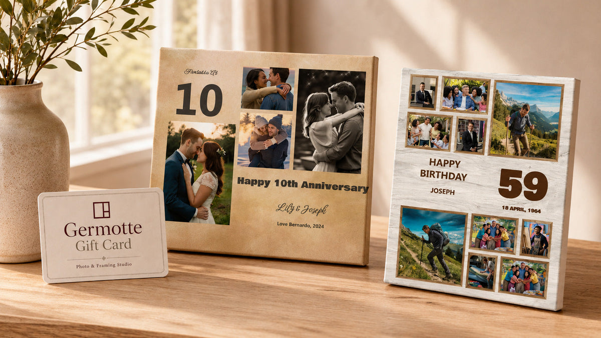 Personalized Germotte gift products displayed in a warm studio setting, including photo gifts, collage canvas prints, a gift card, and custom keepsakes.