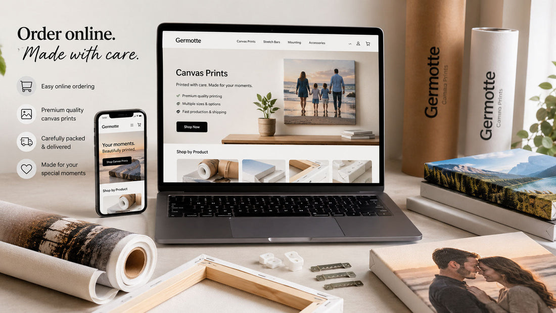 Online custom canvas print ordering shown in a warm studio setting with a laptop, phone, rolled canvas, packaging tubes, and finished Germotte print products.