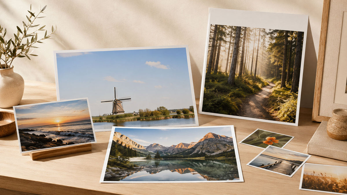 A warm studio display of custom photo prints featuring landscape, sunset, and nature images printed on premium photo paper.