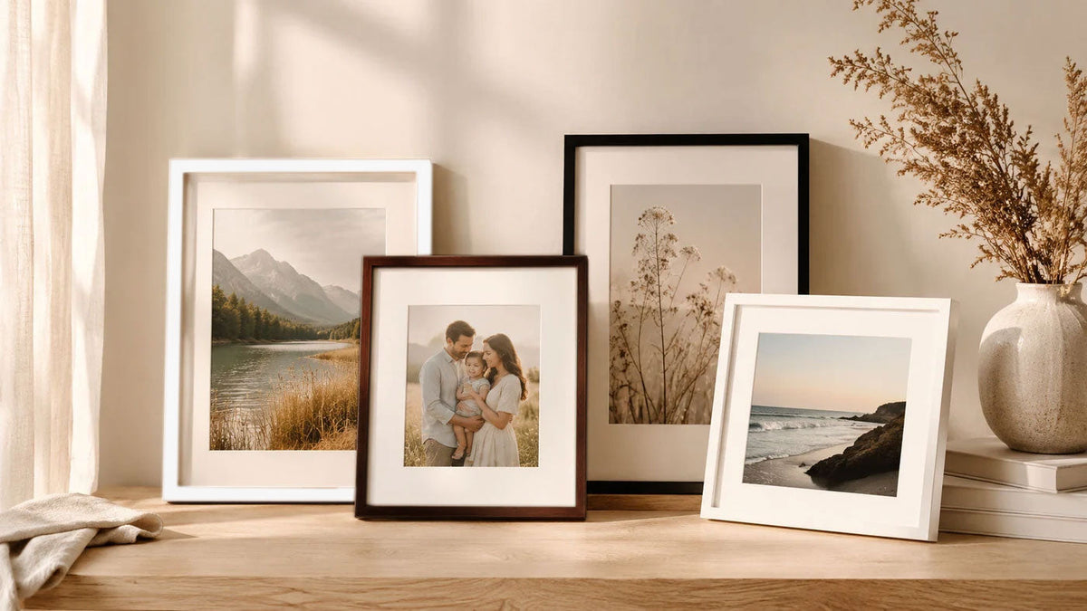 Ready-made photo frames displayed in a warm studio setting with framed family photos, artwork, matting, and neutral home décor.