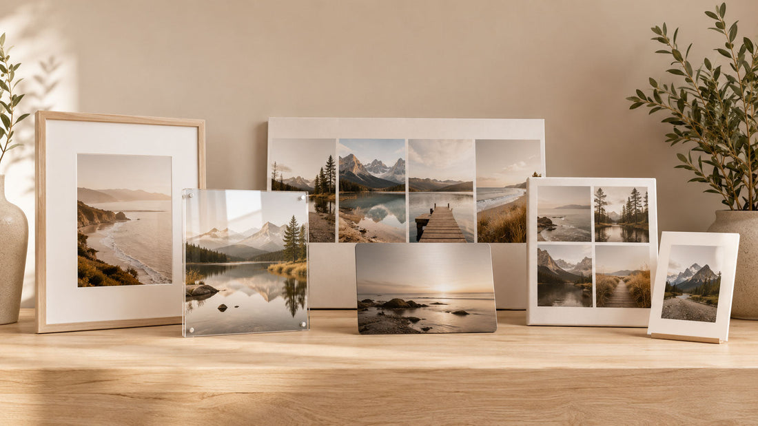 A curated display of Germotte related products, including frames, acrylic prints, metal prints, collage canvas prints, and mounting options in a warm studio setting.