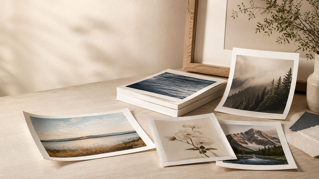 Custom paper prints displayed in a warm studio setting with fine art paper, photo prints, and premium print textures.