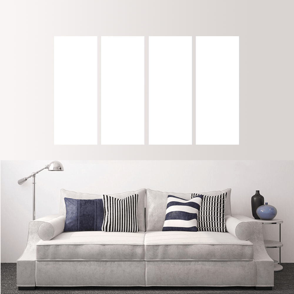 Custom split canvas prints displayed above a stylish sofa in a modern living room setting.