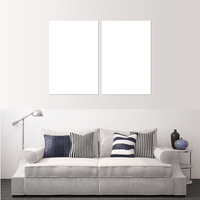 Stylish living room featuring a grey sofa with striped pillows and two empty frames for custom split canvas prints.