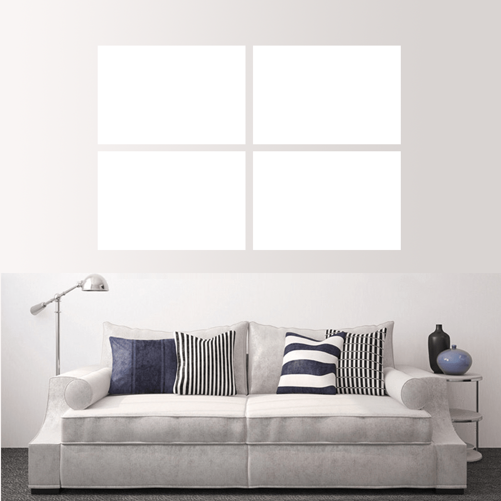 Custom split canvas prints arranged in four panels above a modern couch with decorative pillows.