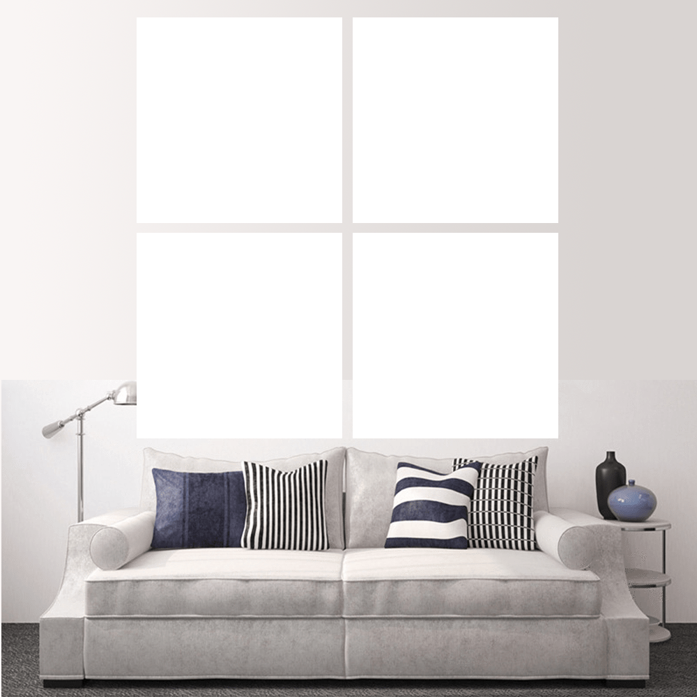 Custom split canvas prints displayed in a modern living room setting with a stylish gray sofa.
