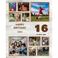 A high-quality canvas print collage from Germotte Photo & Framing Studio in Ottawa, featuring ten images of a girl celebrating her 16th birthday. The collage includes a portrait with balloons, candid moments with friends at an amusement park, a family hug, cutting her birthday cake, playing soccer, posing in an evening dress, a childhood throwback, a fun selfie with friends, unwrapping presents, and standing in a picturesque garden. printed on premium canvas