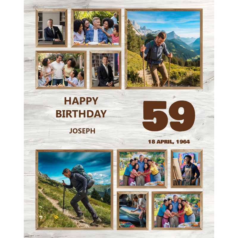 Birthday Photo Collage Canvas Print featuring joyful moments and a personalized birthday message for Joseph's 59th birthday.