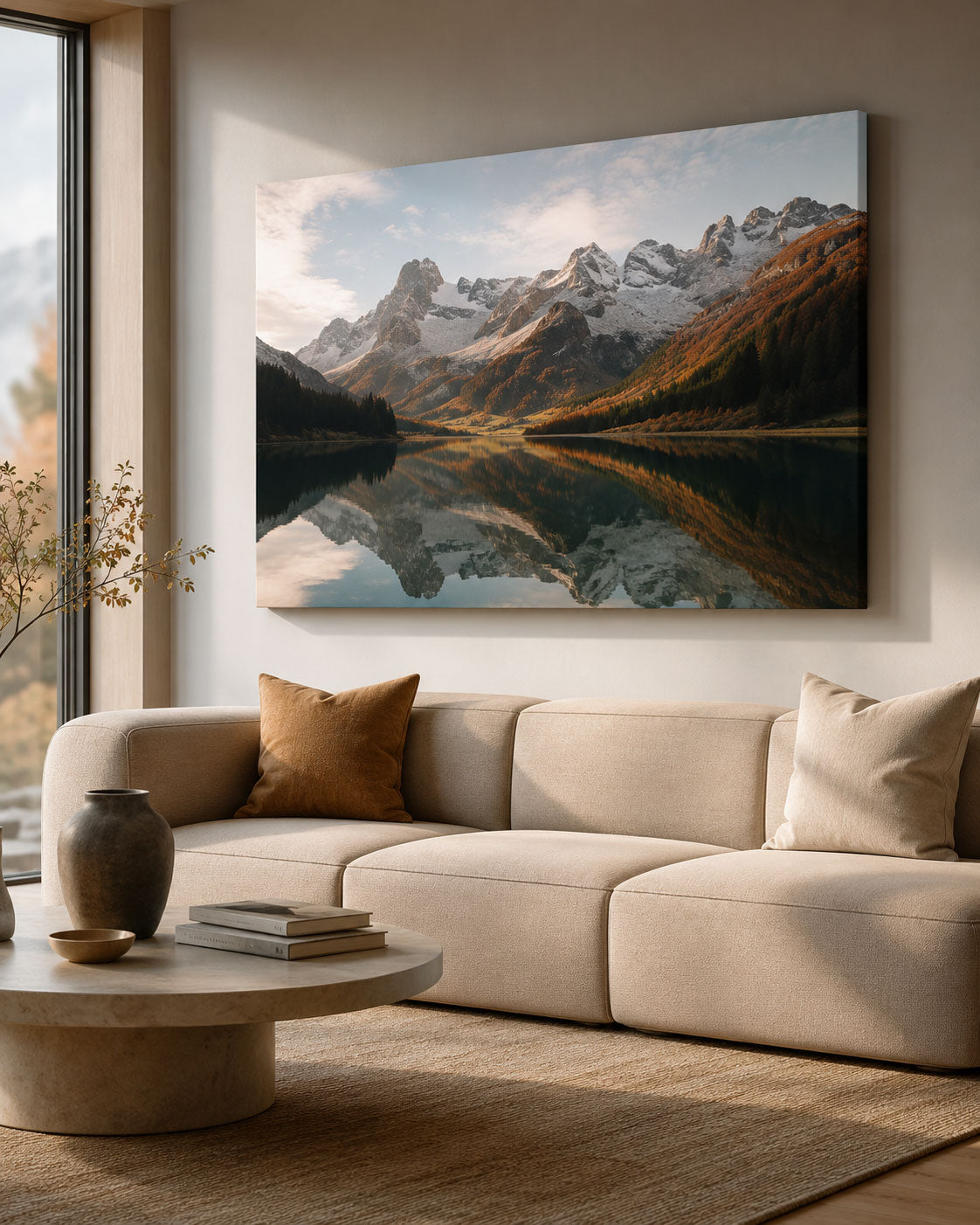 Large landscape canvas print displayed above a sofa in a warm modern interior.