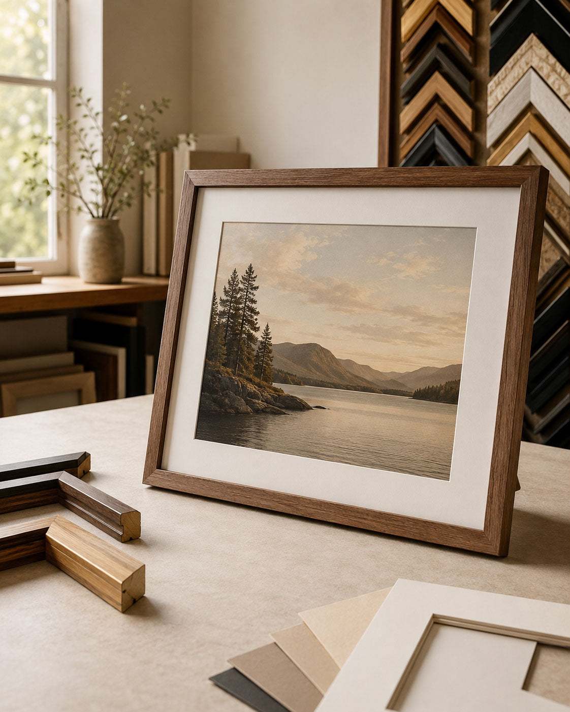 Custom framed landscape artwork with mat board and frame samples in a warm studio setting.