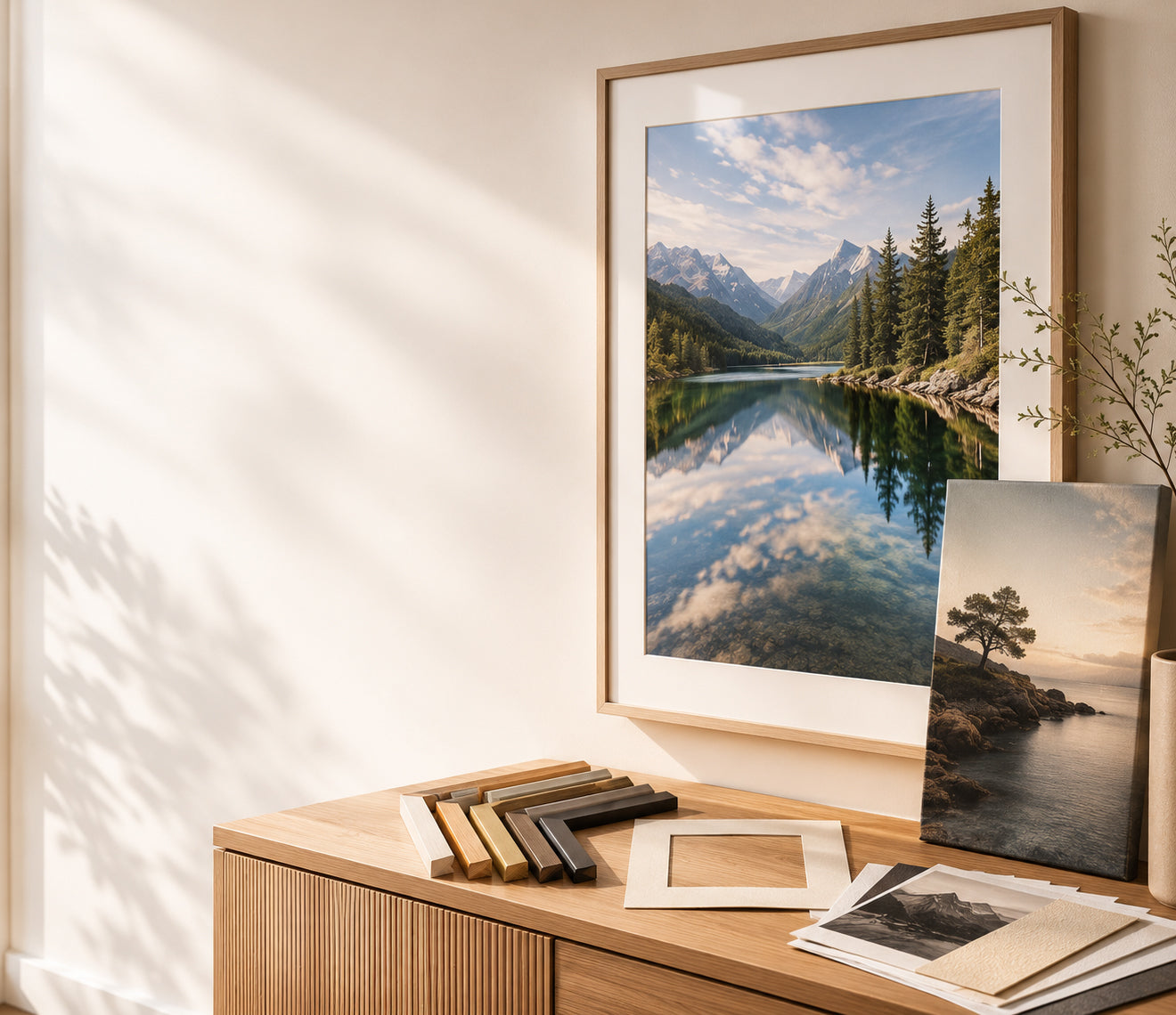A framed landscape print above a wooden console with canvas, frame moulding, mat board, and fine art paper samples.