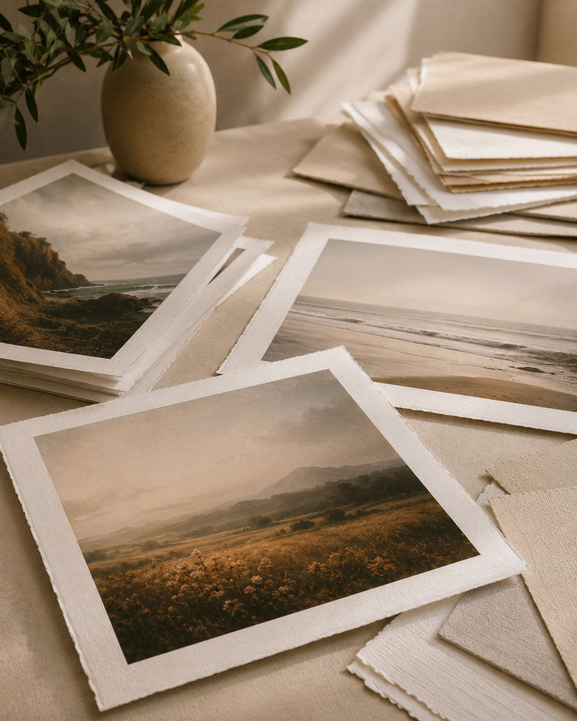 Fine art paper prints with textured paper samples.