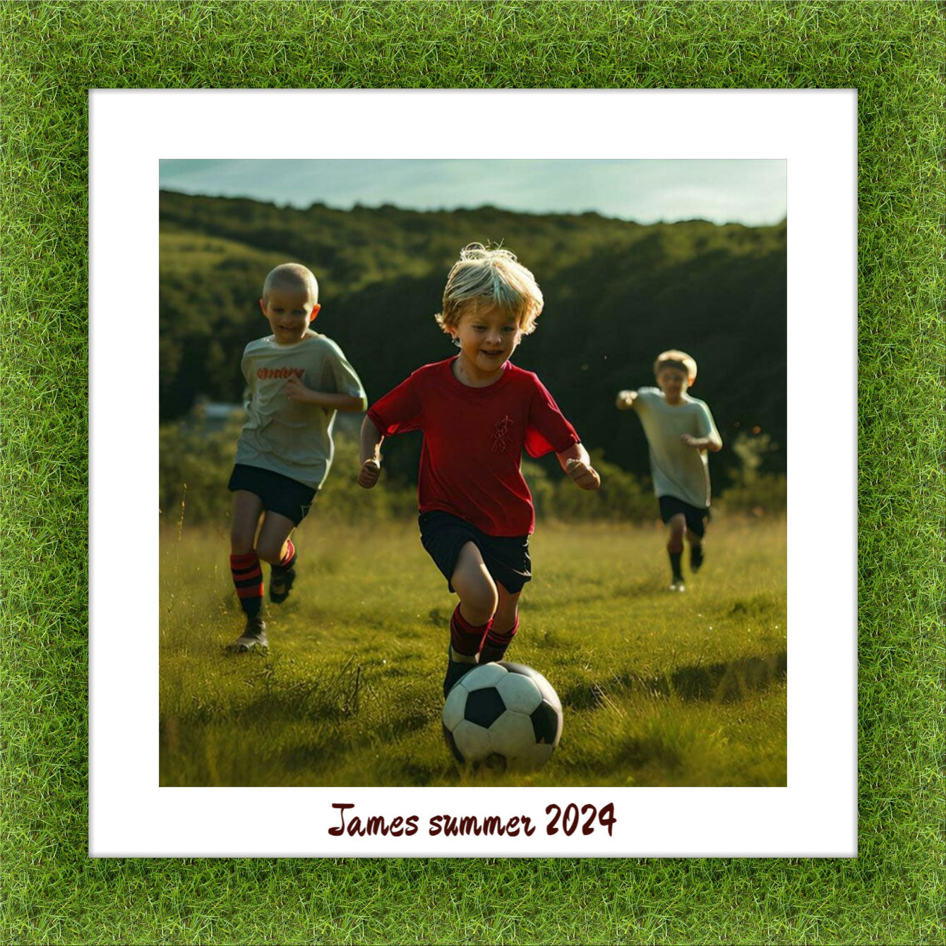 A kid playing soccer with his friends on the grass. The image is printed on a square canvas, surrounded by a white mat and a digital frame resembling green grass. Below the image, a caption reads: 'Summer 2024.' DigitalFlex Canvas Prints - Germotte, Ottawa.