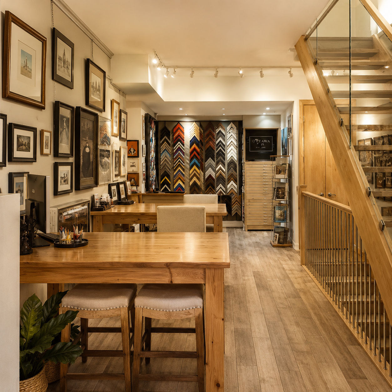 Interior view of Germotte Photo & Framing Studio in Ottawa with framing samples, artwork, worktables, and studio display areas.