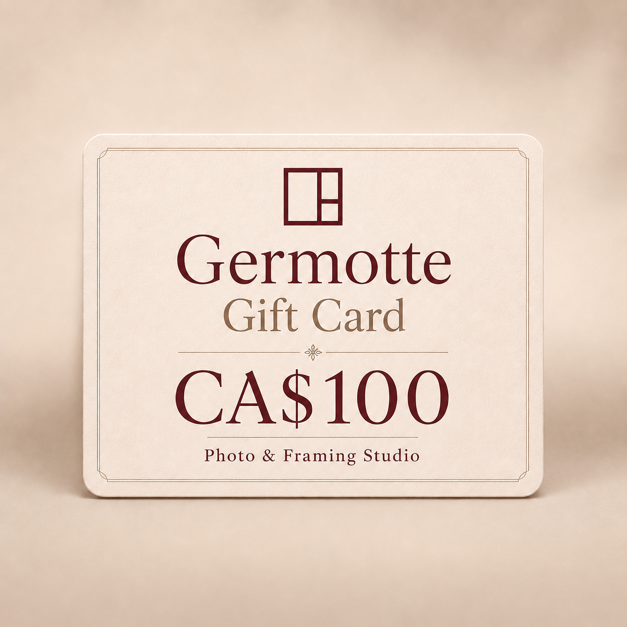 Germotte CA$100 gift card with cream card design, burgundy logo, and Photo & Framing Studio branding.