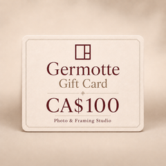 Germotte CA$100 gift card with cream card design, burgundy logo, and Photo & Framing Studio branding.