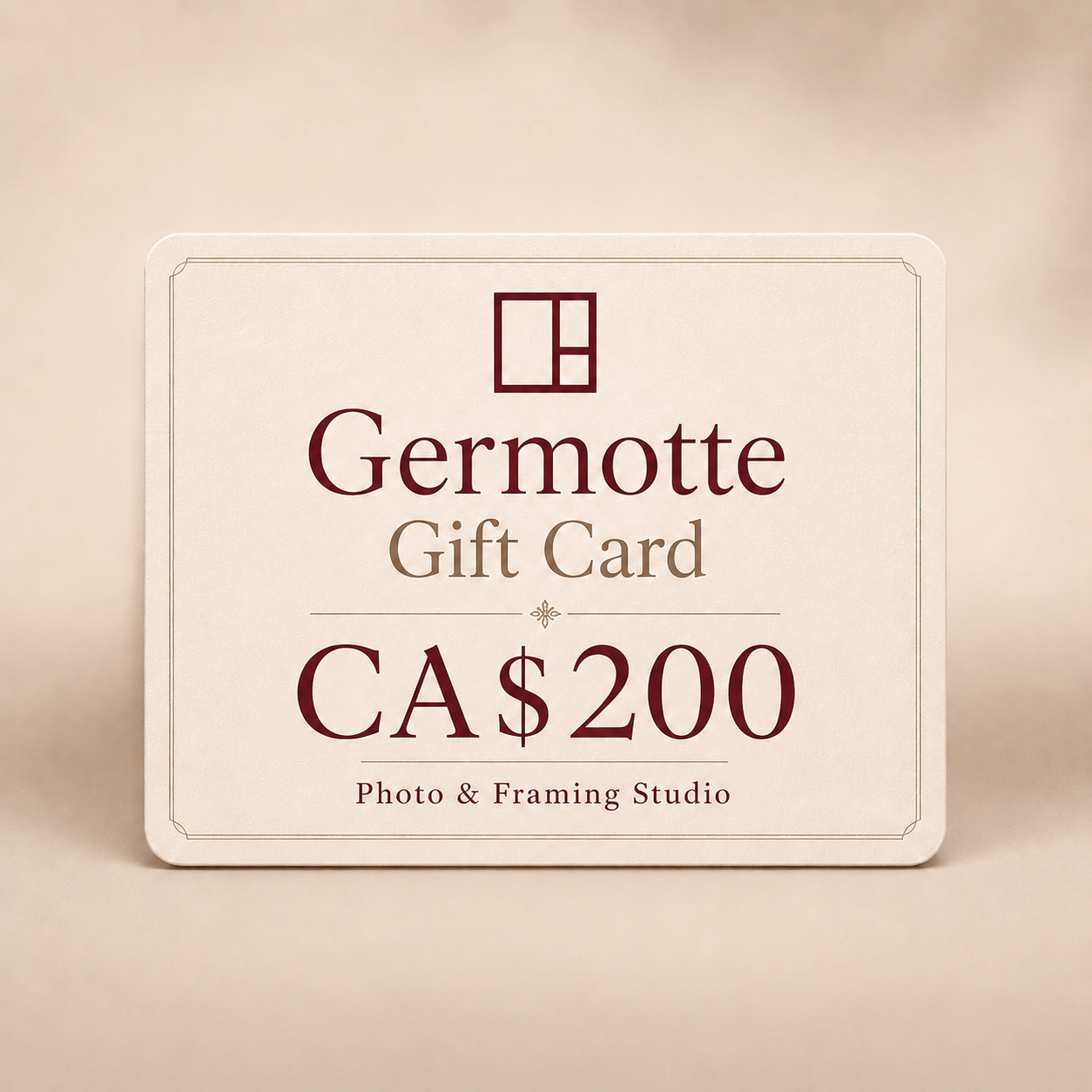 Germotte CA$200 gift card with cream card design, burgundy logo, and Photo & Framing Studio branding.