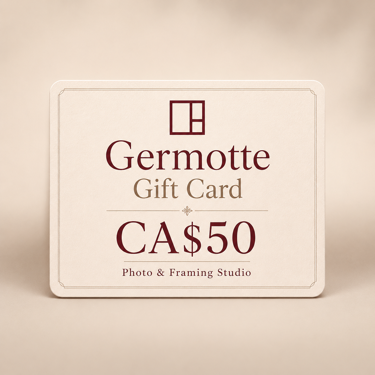 Germotte CA$50 gift card with cream card design, burgundy logo, and Photo & Framing Studio branding.