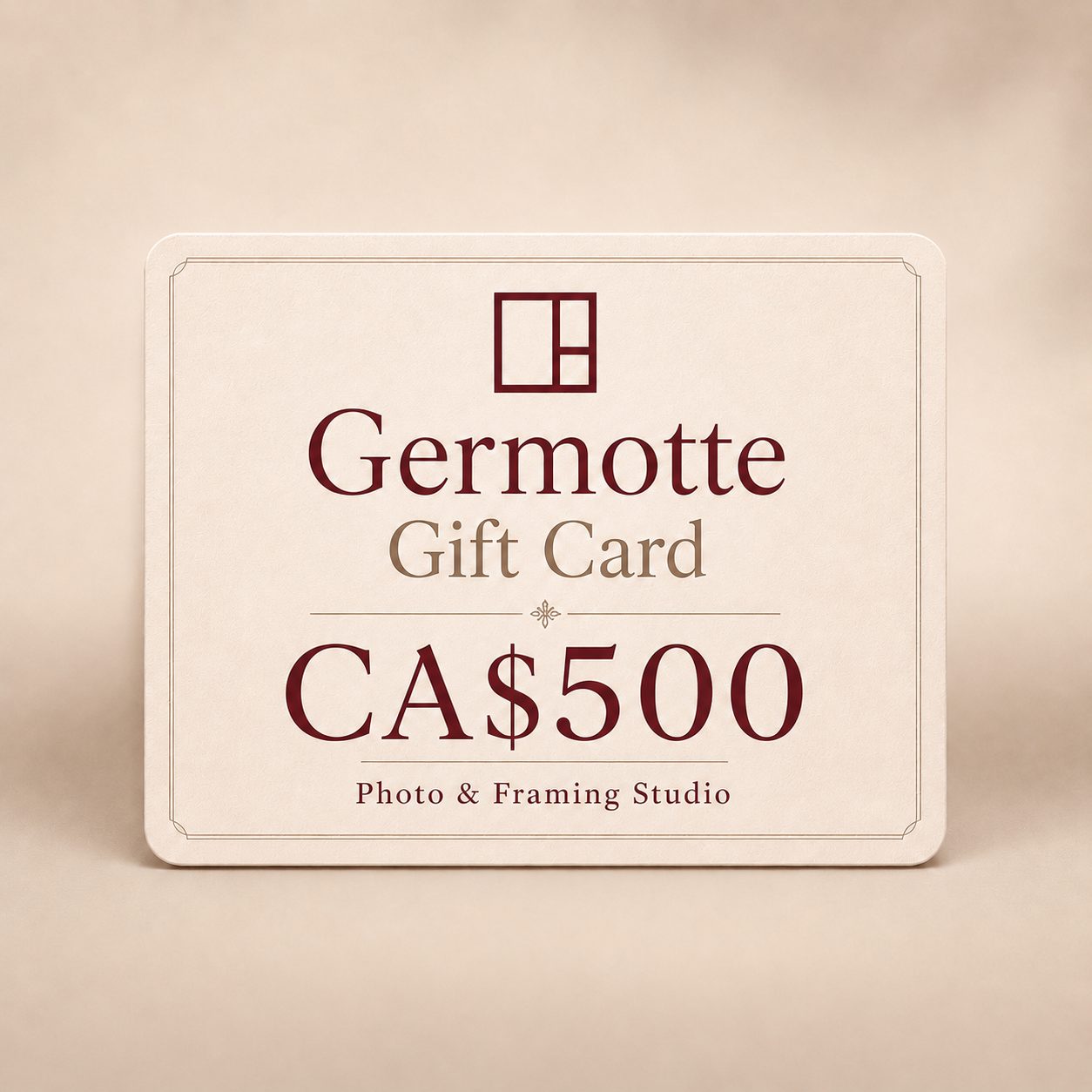 Germotte CA$500 gift card with cream card design, burgundy logo, and Photo & Framing Studio branding.