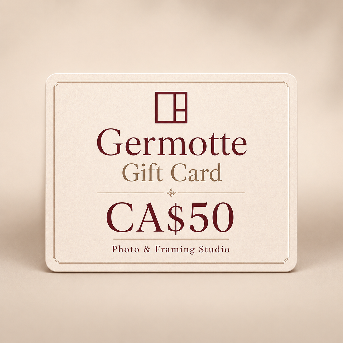 Germotte CA$50 gift card with cream card design, burgundy logo, and Photo & Framing Studio branding.