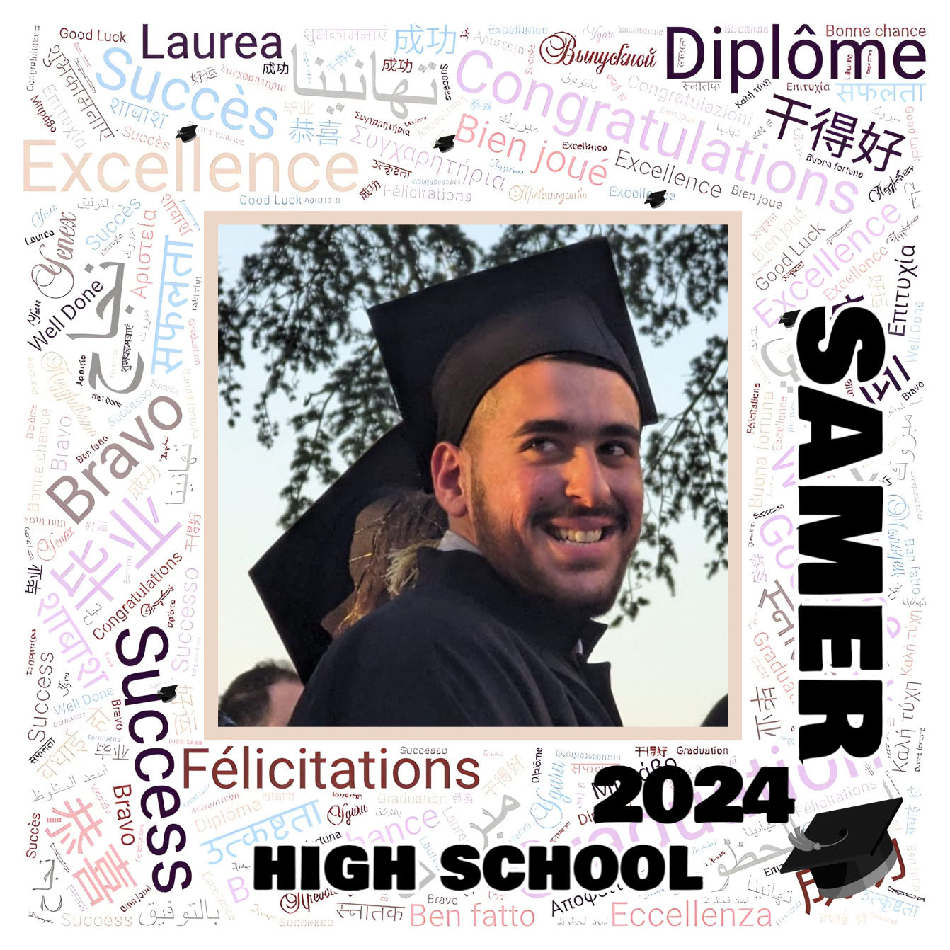 Canvas print of a high school graduation. The background features artistic words in various languages related to congratulations, excellence, graduation, success, and well done. In the middle is a photo of the graduate. The canvas design allows customization of the background, photo, graduate's name, year of graduation, school name, and the edge color around the photo.