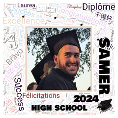 Canvas print of a high school graduation. The background features artistic words in various languages related to congratulations, excellence, graduation, success, and well done. In the middle is a photo of the graduate. The canvas design allows customization of the background, photo, graduate's name, year of graduation, school name, and the edge color around the photo.