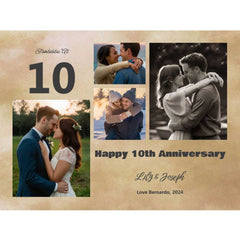 10th Anniversary Photo Collage Canvas featuring a collection of cherished memories, personalized with names, dates, and special messages, beautifully crafted to celebrate a decade of love and togetherness