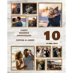 High-quality canvas collage featuring ten images of Sophia and James, capturing their wedding day ِanniversary, vacation moments, family celebrations, milestone anniversaries, romantic moments, shared hobbies, personal achievements, seasonal snapshots, unexpected adventures, and recent happy moments. The canvas is stretched on a 1-inch bar, crafted by Germotte Studio in Ottawa.