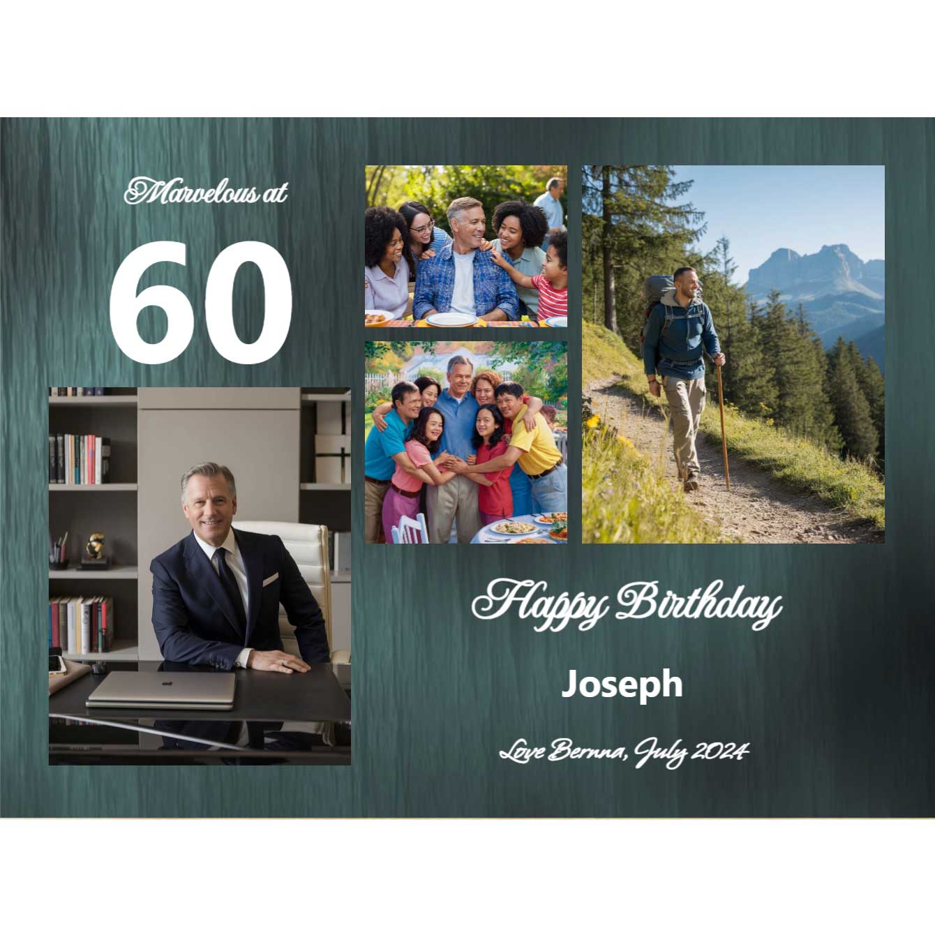 Anniversary photo collage canvas print highlighting elegant moments, celebrating Joseph's 60th birthday with cherished memories.