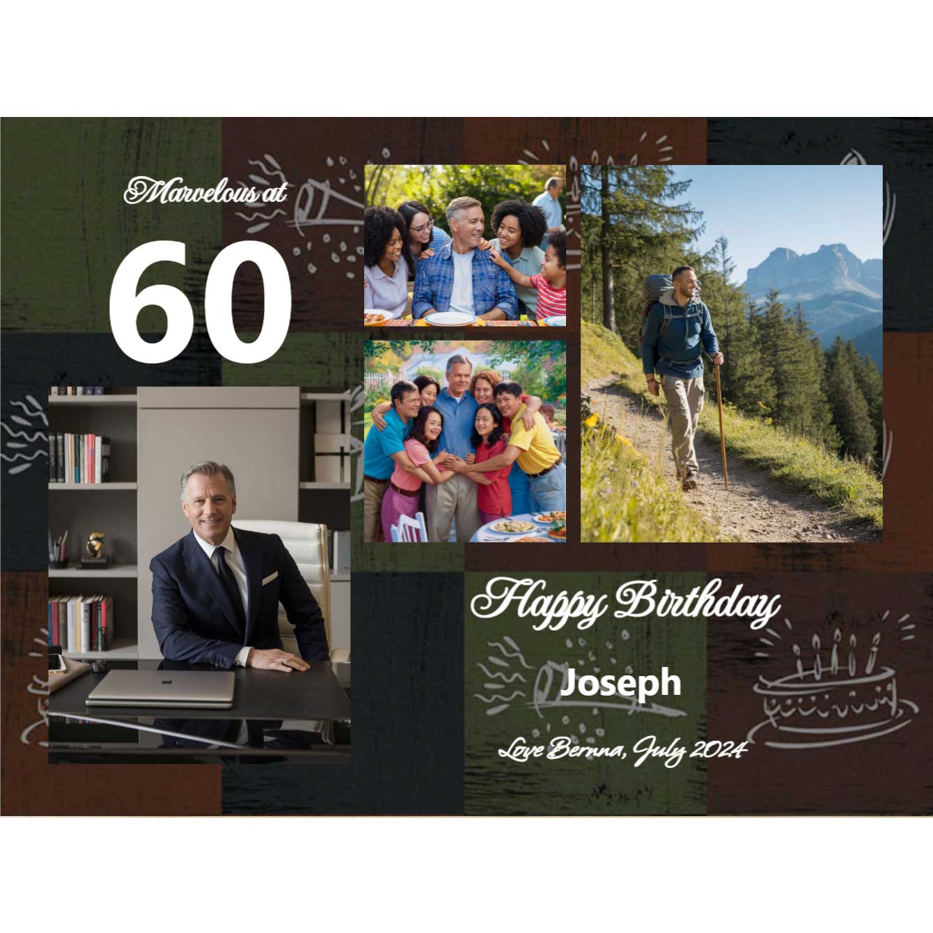 Anniversary photo collage canvas print featuring birthday celebrations and personal memories for Joseph's 60th birthday.