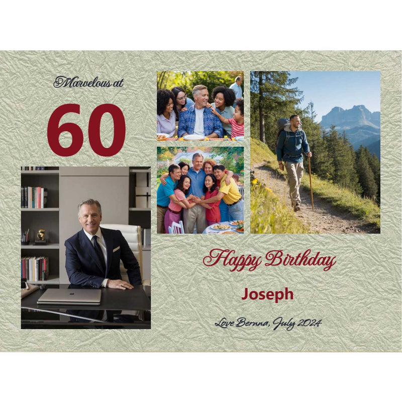Anniversary photo collage canvas print featuring birthday celebration highlights for Joseph's 60th birthday.