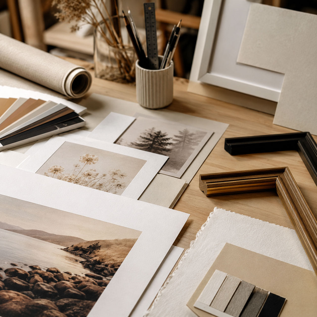 Germotte studio worktable with fine art paper samples, printed photographs, mat board, canvas texture, framing moulding, and studio tools.