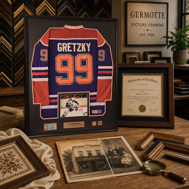 Framed hockey jersey with number 99 and name Gretzky, displayed on a wooden surface with other framed items.