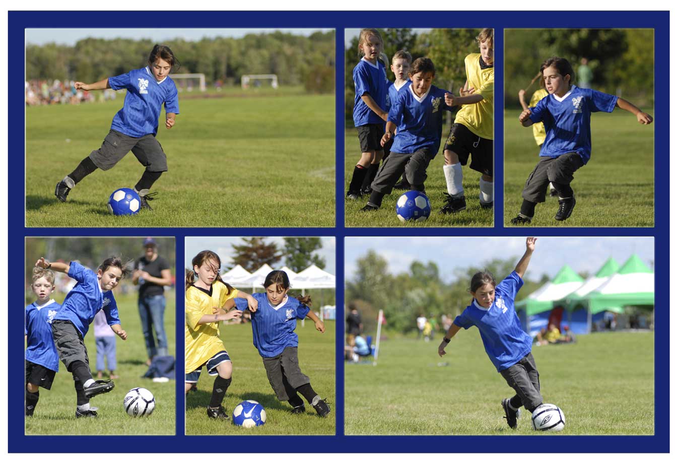 Landscape collage canvas prints from Germotte featuring a little girl playing soccer in various scenes, showcasing action shots, teamwork, and athletic skill on a vibrant green field.