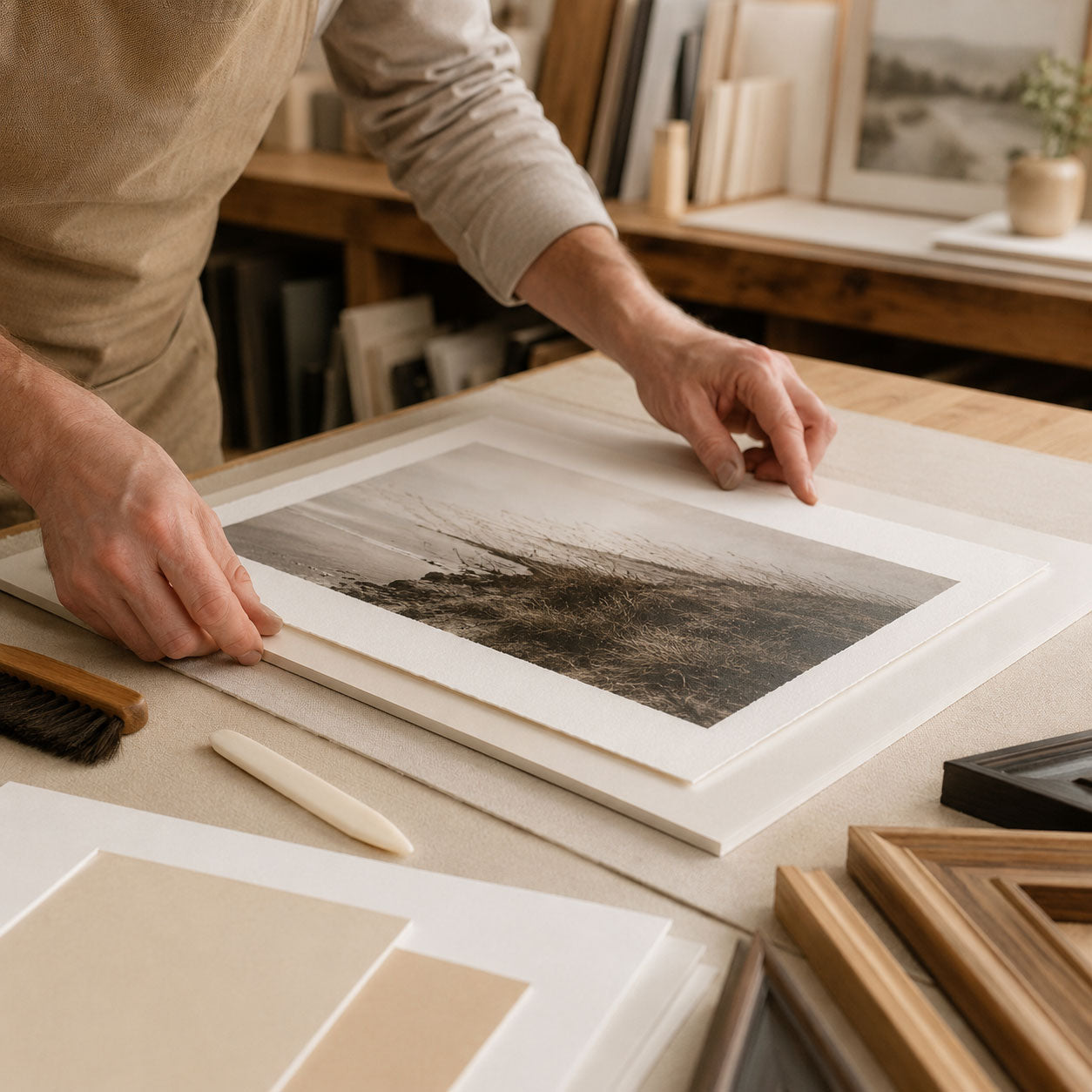 Hands carefully positioning a fine art print on a float mount in a warm Germotte studio workspace with framing materials nearby.