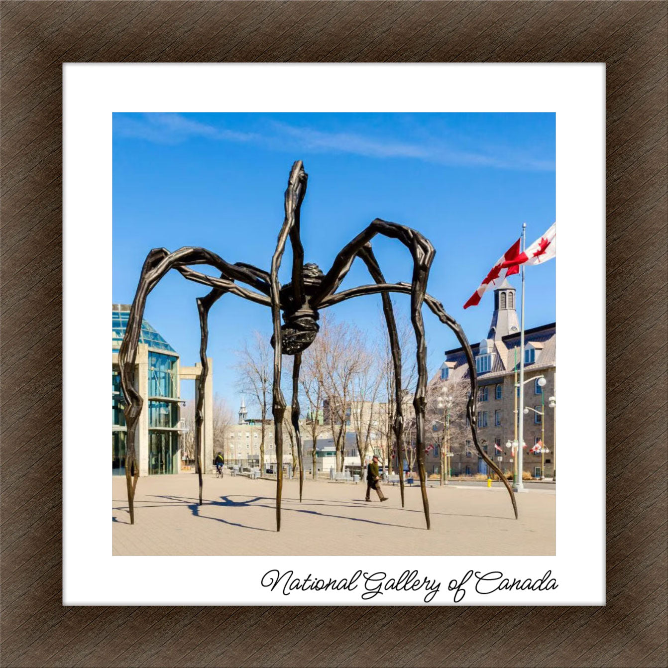 A humorous DigitalFlex Canvas Print by Germotte from Ottawa. The square canvas features a wooden frame and white matte. In a surprising twist, the artwork depicts a spider occupying the space usually reserved for the National Gallery of Canada building.  A waving Canadian flag surrounds the unexpected resident. A caption below reads: "National Gallery of Canada