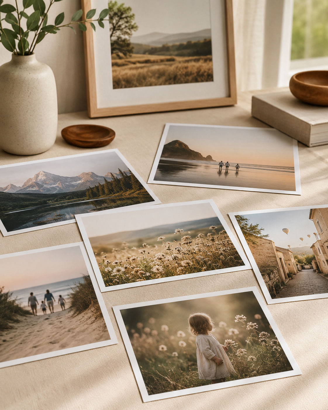 Professional photo prints arranged on a studio table.