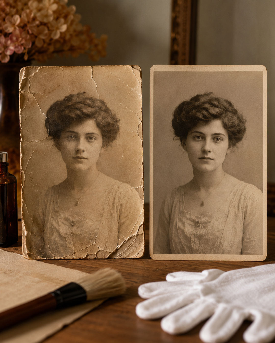 Before and after restored vintage portrait photograph shown with restoration tools.