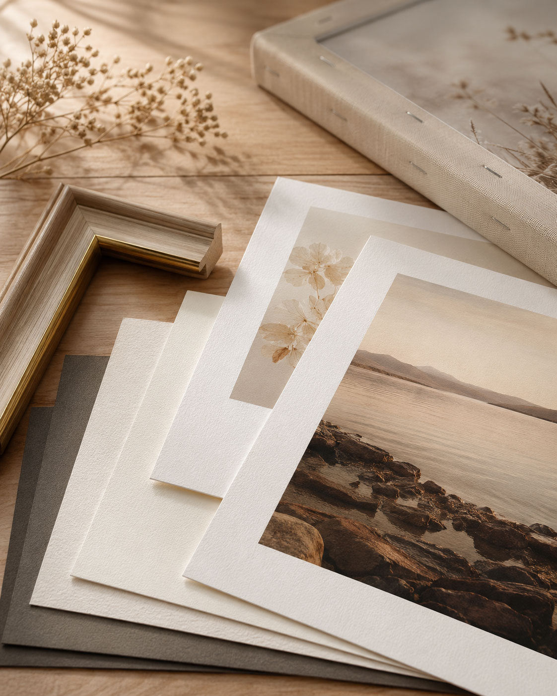 Fine art prints, canvas texture, and framing materials displayed on a warm Germotte studio table.