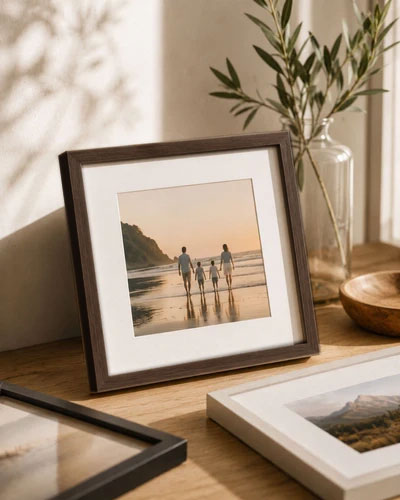 Framed photograph of a family on a beach with a warm color tone, placed on a wooden surface.