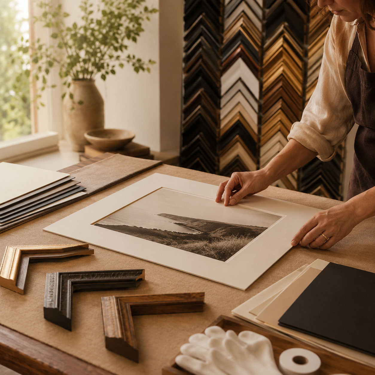 Hands carefully framing an art print on a worktable in Germotte’s cozy Ottawa studio, surrounded by mat samples, frame corners, and fine art materials.