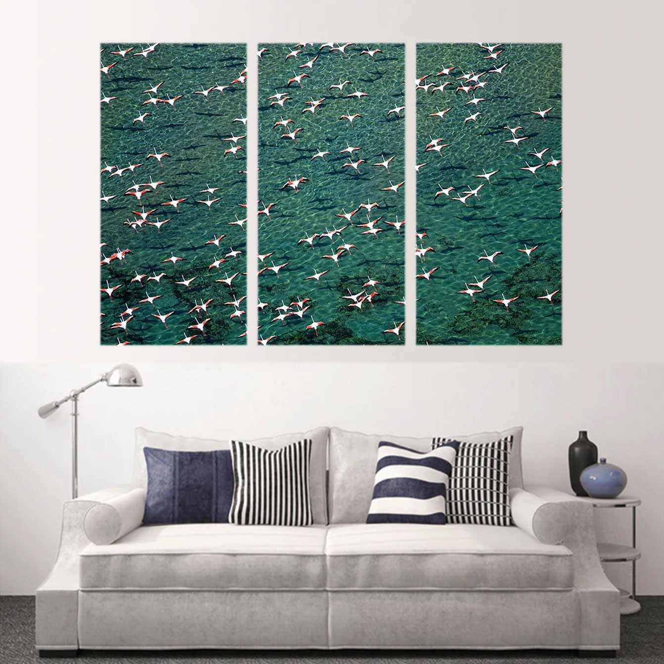 Custom split canvas prints of flying flamingos in vibrant water, enhancing modern home decor.