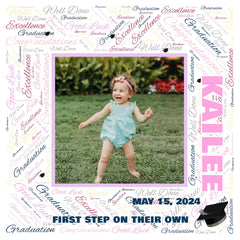 Canvas print of a baby girl's first step. The background features artistic words in various languages related to congratulations, excellence, success, and well done. In the middle is a photo capturing the baby girl's first step. The canvas design allows customization of the background, photo, baby's name, date, text about the first step, and the edge color around the photo.