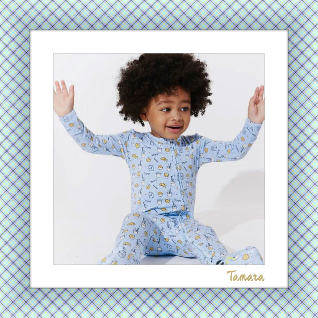 A charming square canvas print featuring a light blue fabric frame with a white matte. The artwork depicts a cute little girl wearing blue and yellow pajamas. The design is accented with thin blue, yellow, and dark blue lines.